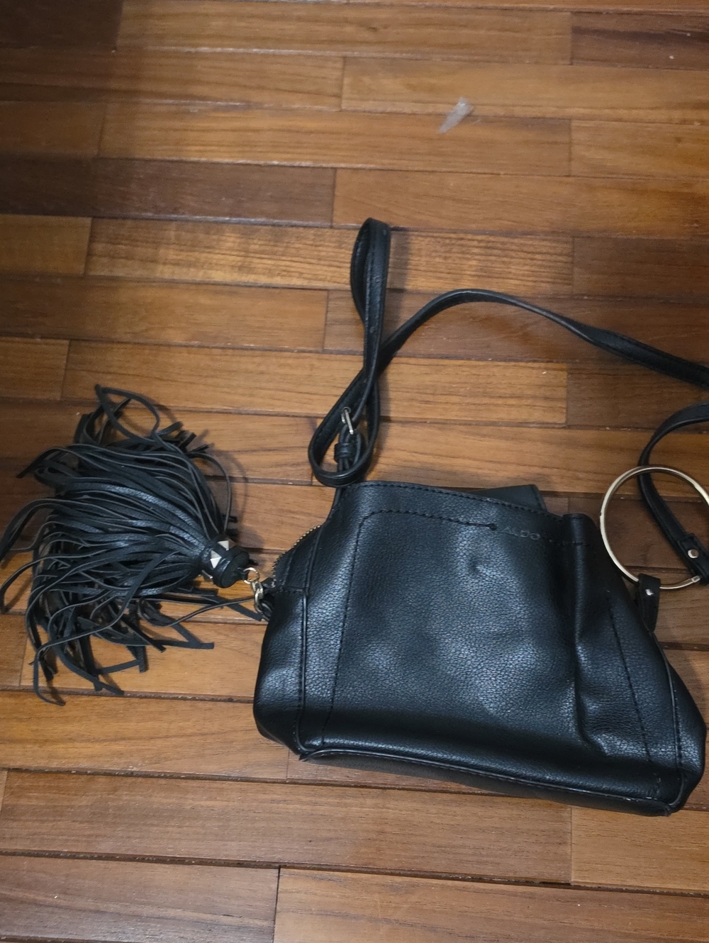 Aldo Black Fringe Crossbody Bag with Ring Accent